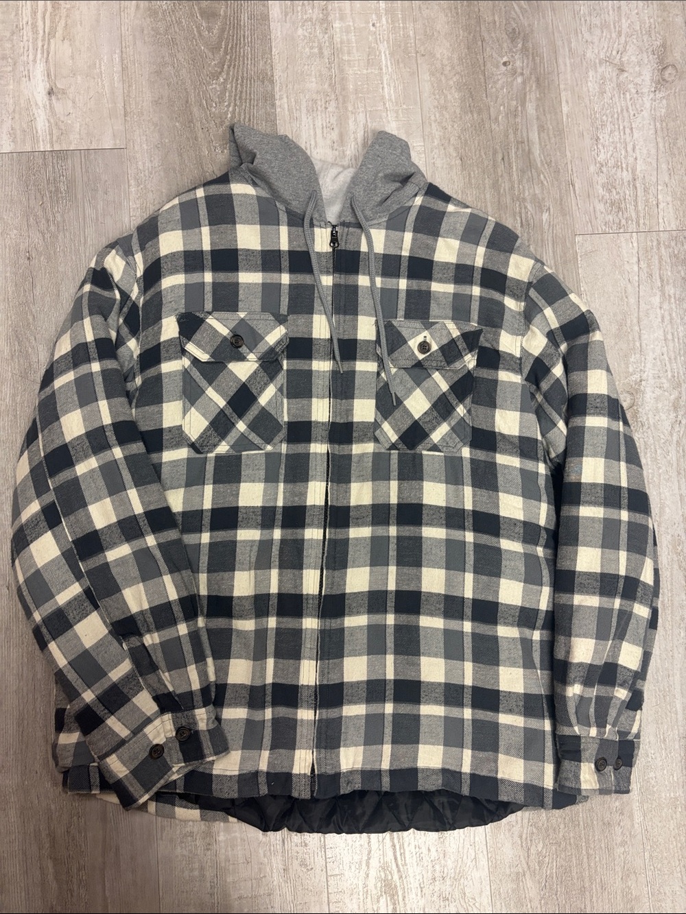 Faded Glory Black and Cream Plaid Zip-Up Hooded Jacket